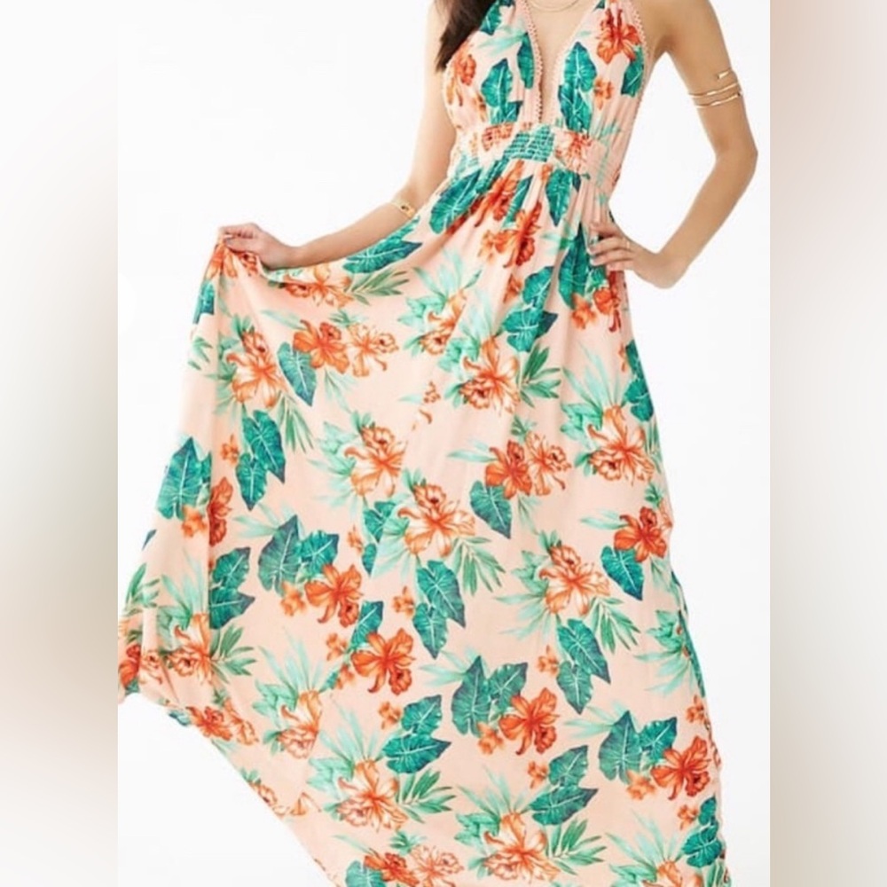 Forever 21 Vacation Halter Maxi Dress - Tropical Peach & Green - Size S